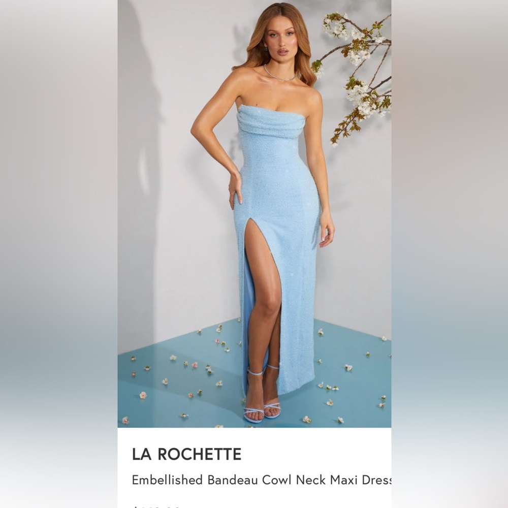 LA ROCHETTE
Embellished Bandeau Cowl Neck Maxi Dress in Light Blue